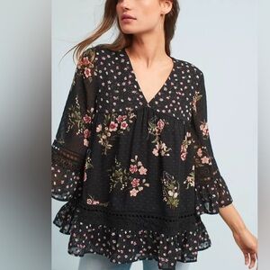Maeve Anthropologie Steffy Bell Sleeve Black Swiss Dot Floral Blouse